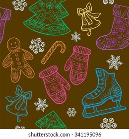 Christmas seamless pattern with Christmas elements - skates, boots, bells, mittens, candy, cookies, Christmas tree in the patterns and snowflakes