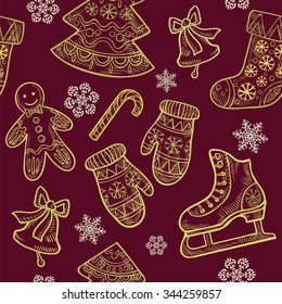 Christmas seamless pattern with Christmas elements - skates, boots, bells, mittens, candy, cookies, Christmas tree in the patterns and snowflakes