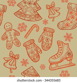 Christmas seamless pattern with Christmas elements - skates, boots, bells, mittens, candy, cookies, Christmas tree in the patterns and snowflakes