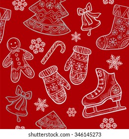 Christmas seamless pattern with Christmas elements - skates, boots, bells, mittens, candy, cookies, Christmas tree in the patterns and snowflakes