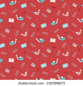 Christmas seamless pattern with elements of twigs and Christmas mail and birds. Illustration for vector images. Texture for printing and fashion design