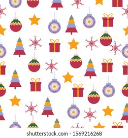 Christmas Seamless pattern with elements vector image,blue ornament,red ornament,red gift box with yellow ribbon,red snowflake,colorful pine tree,yellow star,base on white background