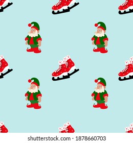 Christmas seamless pattern with elf and skates on a light blue background. Design for textiles, gift-wrapping, Wallpaper, greeting cards and paper.