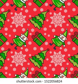 Christmas seamless pattern with Christmas elf and Christmas tree. Vector illustration
