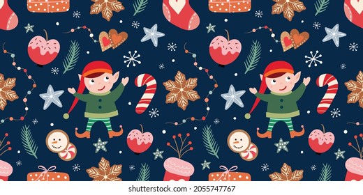 Christmas seamless pattern with elf,  winter background with seasonal elements, wallpaper, surface design