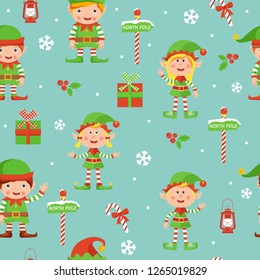 Christmas seamless pattern with elves, boxes, berries, snowflakes, lanterns, north pole signs. Vector illustration.