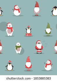 Christmas seamless pattern with elves, polar bears, snow man, Santa Claus and penguins. 