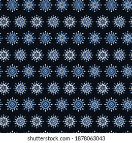 Christmas seamless pattern with embroidery snowflakes  on a dark background. The Nordic style. Folk print with flakes. Scandinavian, Ethnic motif.  