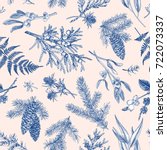Christmas seamless pattern in engraving style. Vintage. Botanical background with coniferous plants, ferns and berries. Vector illustration. Blue.