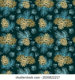 Christmas seamless pattern in engraving style. Vintage. Botanical background with conifers, pine cones. Vector illustration.