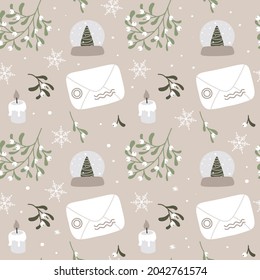 Christmas seamless pattern with envelope, mistletoe, candle, Snow globe. Vector hand-drawn background in simple scandinavian style. Pastel palette
