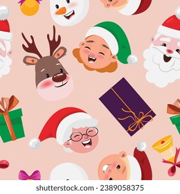 Christmas seamless pattern with  faces of Santa Claus, Mrs. Claus, reindeer, snowman, elves, gift boxes. For textile, paper, wrapping paper, wallpaper, cards
