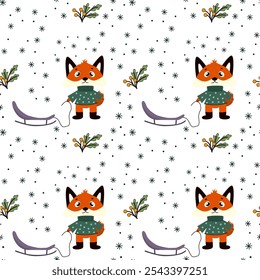 Christmas seamless pattern, Fairytale red fox animals with a sled, , twigs, snowflakes, white background. Baby texture for fabric, nursery decoration, textiles, apparel.