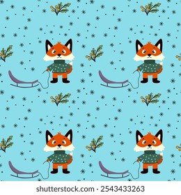 Christmas seamless pattern, Fairytale red fox animals with a sled, twigs, snowflakes, white background. Baby texture for fabric, nursery decoration, textiles, apparel.