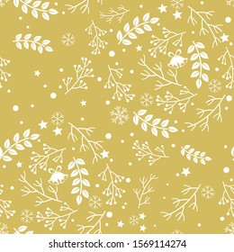 Christmas seamless pattern with falling snow, branch and bell on gold background vector illustration.