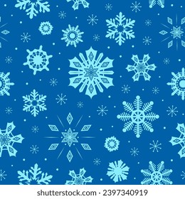 Weihnachtsnahtloses Muster mit fantasievollen Schneeflocken. Folk-Schneeflocken im nordischen Stil sind nahtlose Hintergründe. Weihnachten wiederholen Design Schnee auf blauem Hintergrund Vektormuster. Tapete, Kartenhintergrund, Textilien.