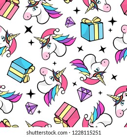 Christmas Seamless pattern with fantastic unicorn. Cartoon children background