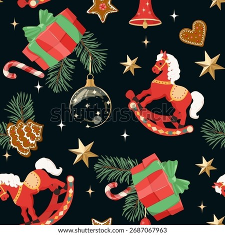 Christmas seamless pattern featuring gifts and new year's toys. Perfect for kids' clothing and home decor, as well as wrapping paper.