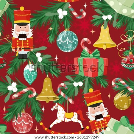 Christmas seamless pattern featuring nutcrackers and new year's toys. Perfect for kids' clothing and home decor, as well as wrapping paper.