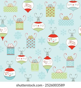 Christmas Seamless Pattern featuring ornaments, gifts, bows, snowflakes and holly in  colors of green, teal, red, and white. Great for wrapping paper or scrapbooking or as a fun Christmas background.
