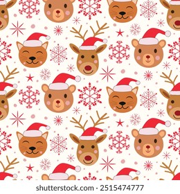 Christmas Seamless pattern featuring Rudolph  reindeer, cat and bear wearing Santa hat with red snowflakes on white background. For wrapping paper, fabric and Christmas cards. 