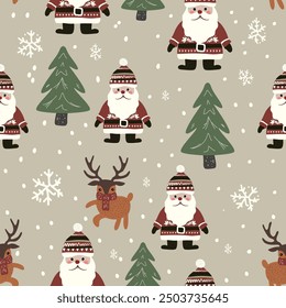 Christmas Seamless Pattern Featuring Santa Claus Reindeer Snowflakes and Christmas Trees in a Festive Winter Design for Wrapping Paper Fabric and Holiday Decorations