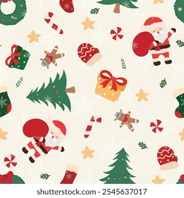 Christmas Seamless  pattern featuring Santa Claus, candy canes, stockings, snow flakes background. Perfect for holiday-themed designs and decorations.