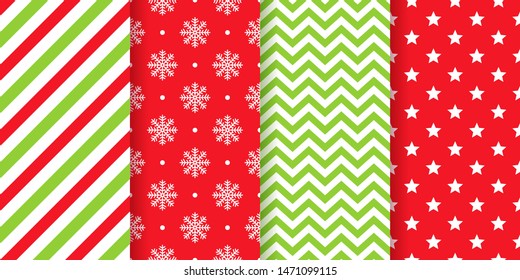 Christmas seamless pattern. Festive background. Vector. Holiday New year texture. Set abstract, geometric textile prints with zig zag, snowflakes, candy cane stripes, stars. Red green illustration