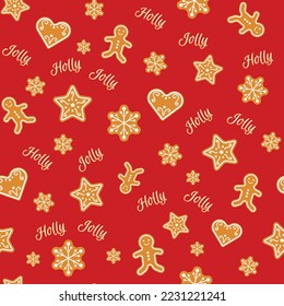 Christmas seamless pattern. Festive background with gingerbread cookies - men, stars and hearts on red. Vector illustration. For textile, wrapping paper, wallpaper, stationary, Christmas card.