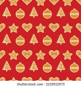 Christmas seamless pattern. Festive background with gingerbread cookies on red. Vector illustration. For textile, wrapping paper, wallpaper, stationary, Christmas card.