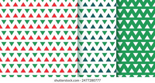 Navidades patrón sin fisuras. Fondo festivo con triángulos. Textura del año Nuevo de Navidad. Coloca impresiones rojas y verdes. Papel de embalaje Festiva. Ilustración vectorial. Colección de telón de fondo geométrico.