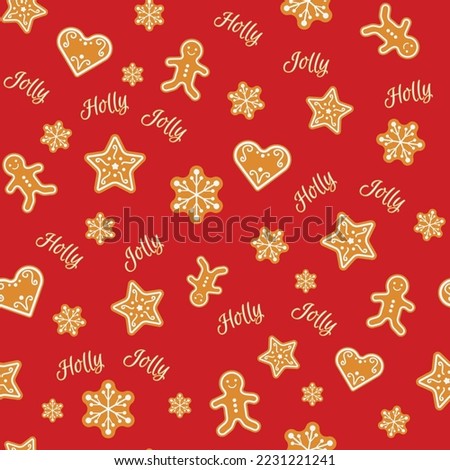 Christmas seamless pattern. Festive background with gingerbread cookies - men, stars and hearts on red. Vector illustration. For textile, wrapping paper, wallpaper, stationary, Christmas card.