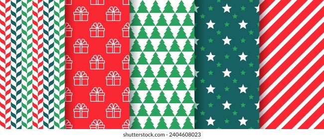Christmas seamless pattern. Festive backgrounds. Xmas, New year prints with stripes, tree, gift box. Set red green textures. Vector illustration