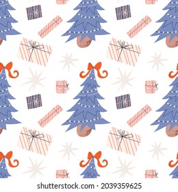 Christmas seamless pattern. Festive bright pattern with a Christmas tree and gifts. Vector stock illustration on white background with stars.