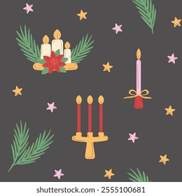 Christmas seamless pattern with festive candles, pine tree branches, and cute small stars in pastel shades on a dark background