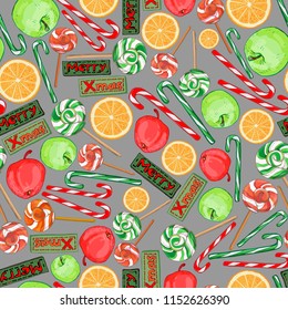Christmas seamless pattern of festive candy, apples, oranges.