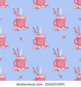 Christmas Seamless pattern with Festive cup with Hot Cocoa with Marshmallows, striped straws, and holly on blue background. New Year kawaii backdrop. Vector illustration