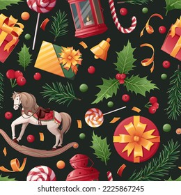 La Navidad es perfecta con una decoración festiva de fondo oscuro. textura navideña de invierno con regalos, abetos, juguetes huecos. Ideal para envolver papel, tapices, textiles, etc.