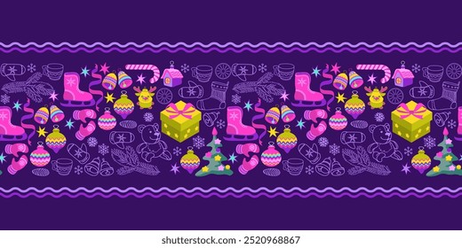 Christmas seamless pattern with festive decorations. Winter holidays New Year backdrop with  skates, socks, ribbon, bell, gifts, balls, mittens. Endless hand-drawn vector illustration.