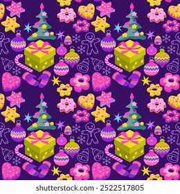 Christmas seamless pattern with festive decorations. Winter holidays New Year backdrop with gifts, candy cane; balls, mittens, cookies, Christmas tree. Endless Hand-drawn vector illustration.