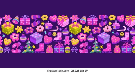 Navidades sin patrón con decoraciones festivas. Vacaciones de invierno Nuevo Año de fondo con regalos, bolas, mitones, galletas, árbol de Navidad. Un fondo interminable. Ilustración vectorial dibujada a mano.