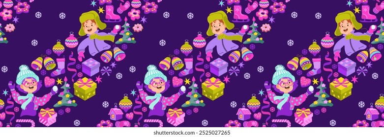 Navidades sin patrón con decoraciones festivas. Vacaciones de invierno Nuevo Año de fondo con lindos niños, patines, regalos, árbol de Navidad, juguetes. Ilustración vectorial infinita dibujada a mano.