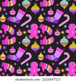 Christmas seamless pattern with festive decorations. Winter holidays New Year backdrop with toys, socks, ball, mittens, cookie, candy cane. Endless background.  Hand-drawn vector illustration.