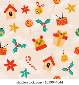 Christmas seamless pattern with festive decorative elements and symbols. Holiday background for your designs.