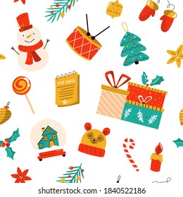 Weihnachtsnahtloses Muster mit festlichen Zierelementen und Symbolen. Feiertagshintergrund für Ihre Designs.