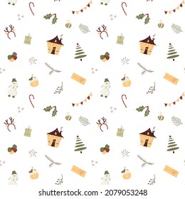 Christmas seamless pattern with festive design elements. Christmas tree, cute decorated house, snowman, candle, floral illustrations. Repeat new year texture isolated on white background