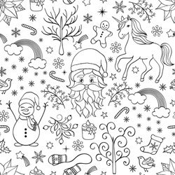 Christmas Seamless Pattern With Festive Elements On White Background.Coloring Page For Kids And Adult.