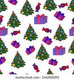 Christmas seamless pattern. Festive elements. Christmas tree, gifts. Vector.