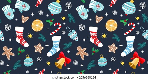 Christmas seamless pattern with festive elements. Christmas toys, fir branches, socks and bell.