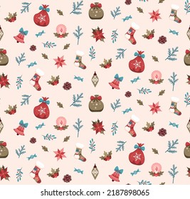 Christmas seamless pattern with festive elements, branches, Christmas toys, decorations and gifts. Illustration for vector images. Texture for printing and fashion design